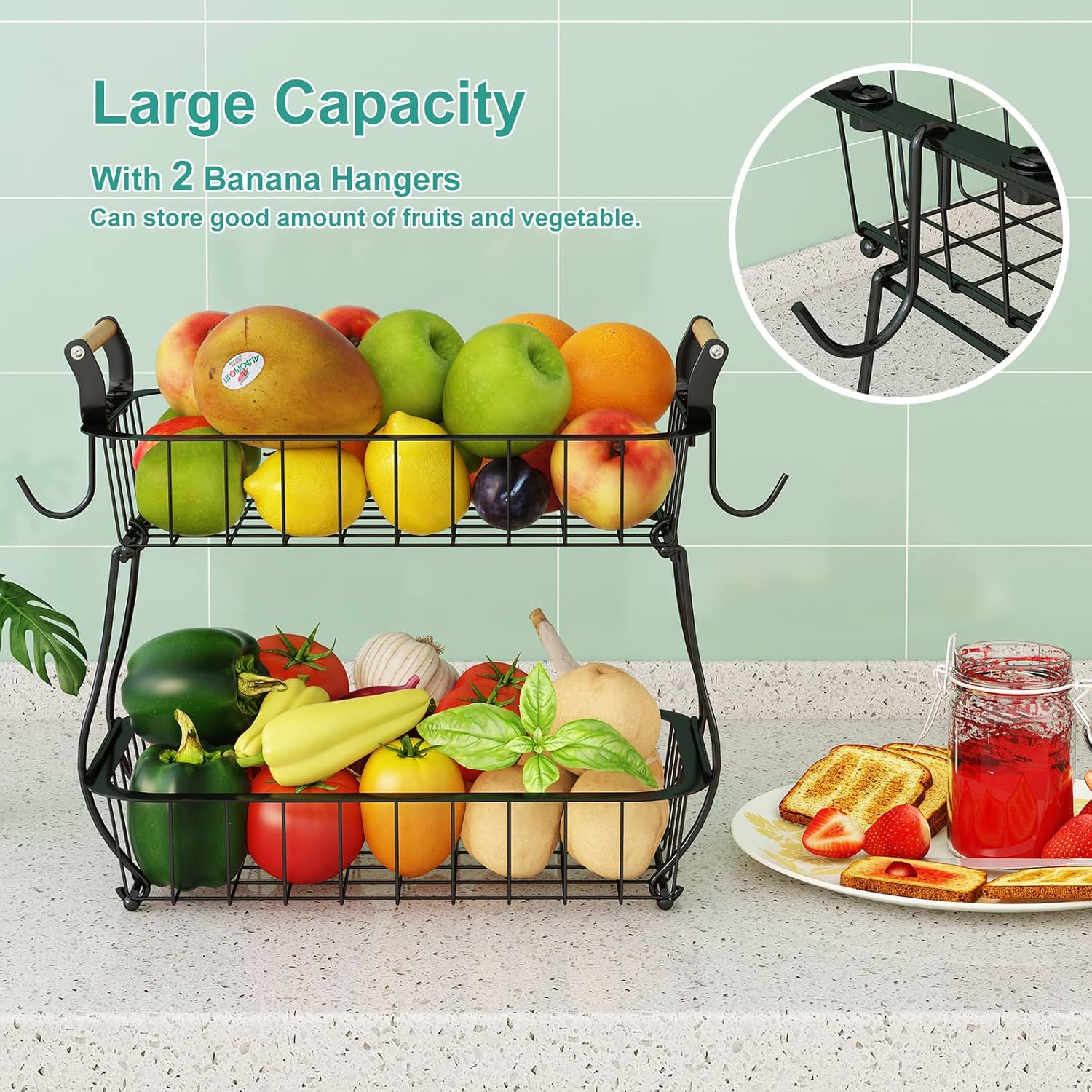 2 Tier Fruit Basket with 2 Banana Hangers, Countertop Fruit Vegetable Basket