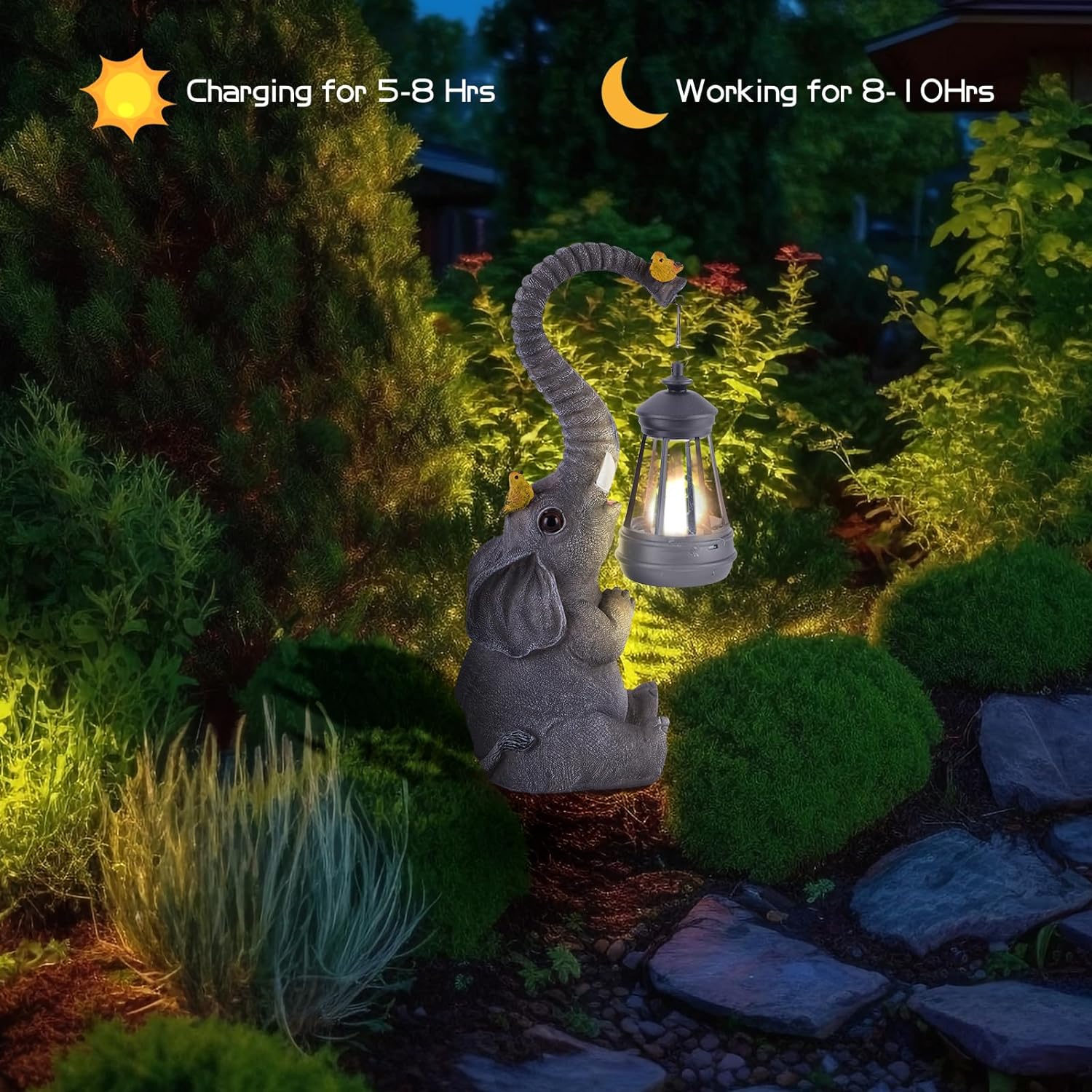 Solar Elephant  crafted  Garden Statue – Lighted Outdoor Resin Decor Symbol of Good Luck
