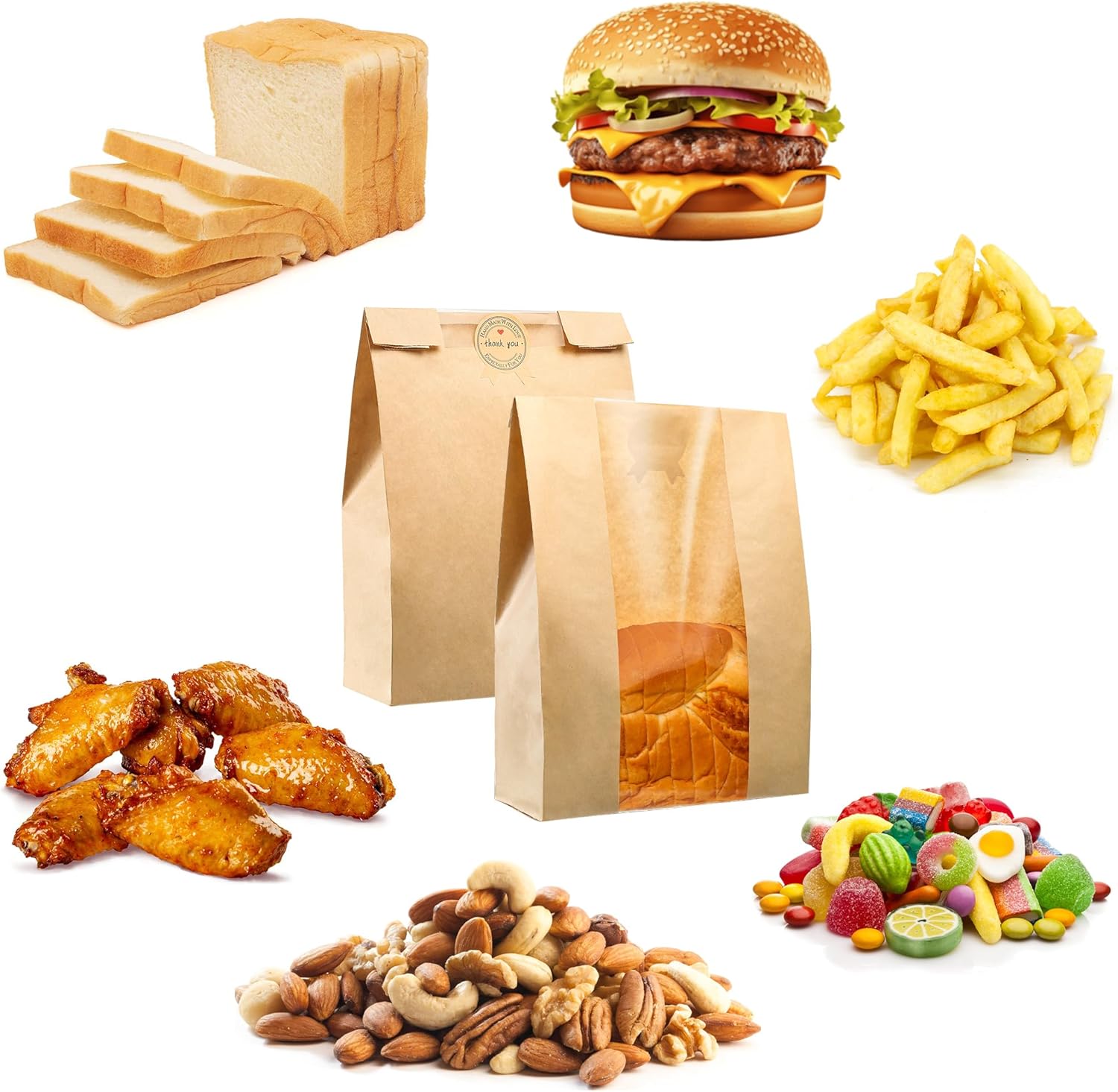 50-Pack Extra Thick Bread Bags with Window – Large Kraft Paper Bakery Bags