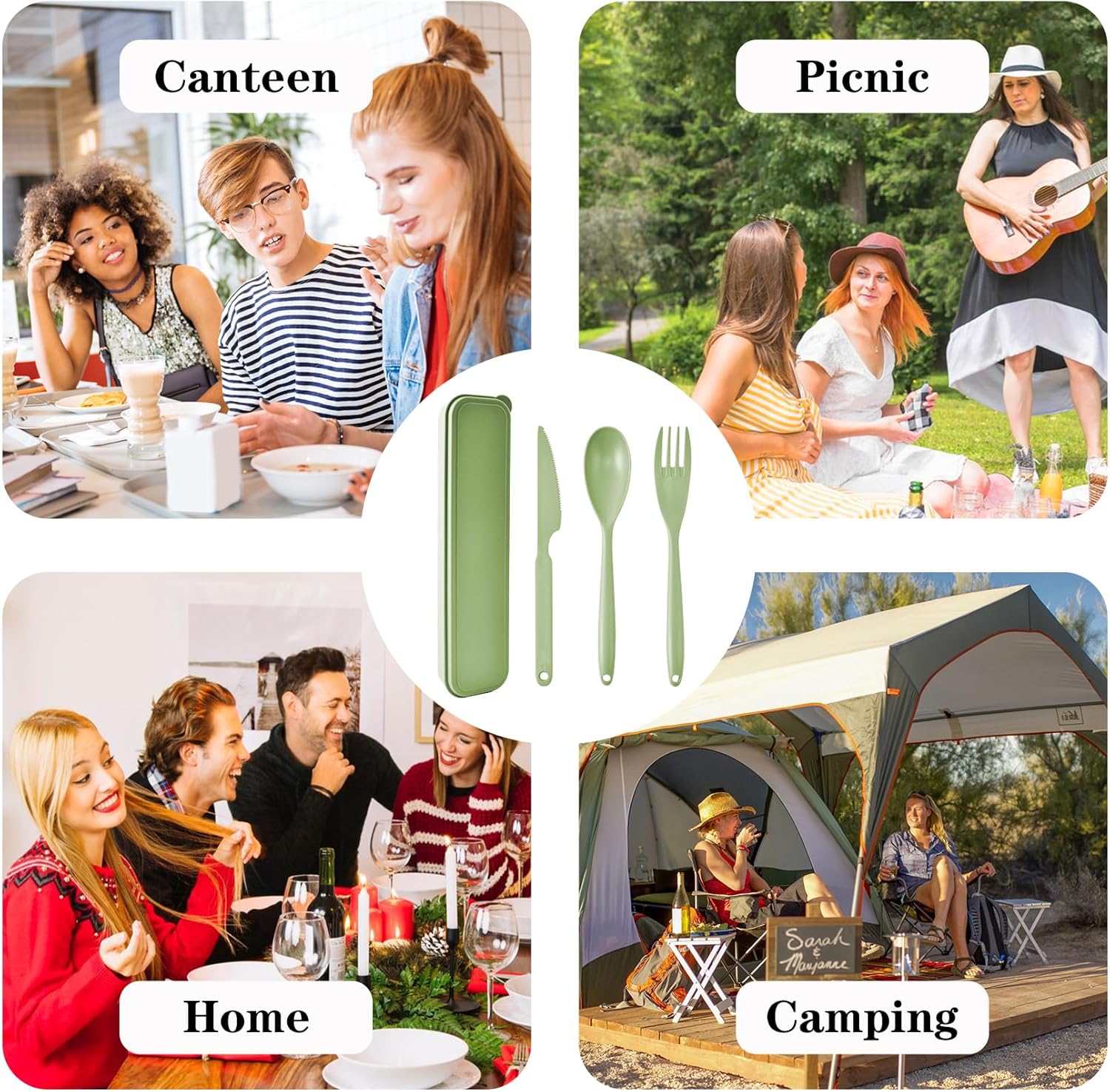 Large Camping Utensil Set – 4 Reusable Plastic Cutlery Sets with Carry Case