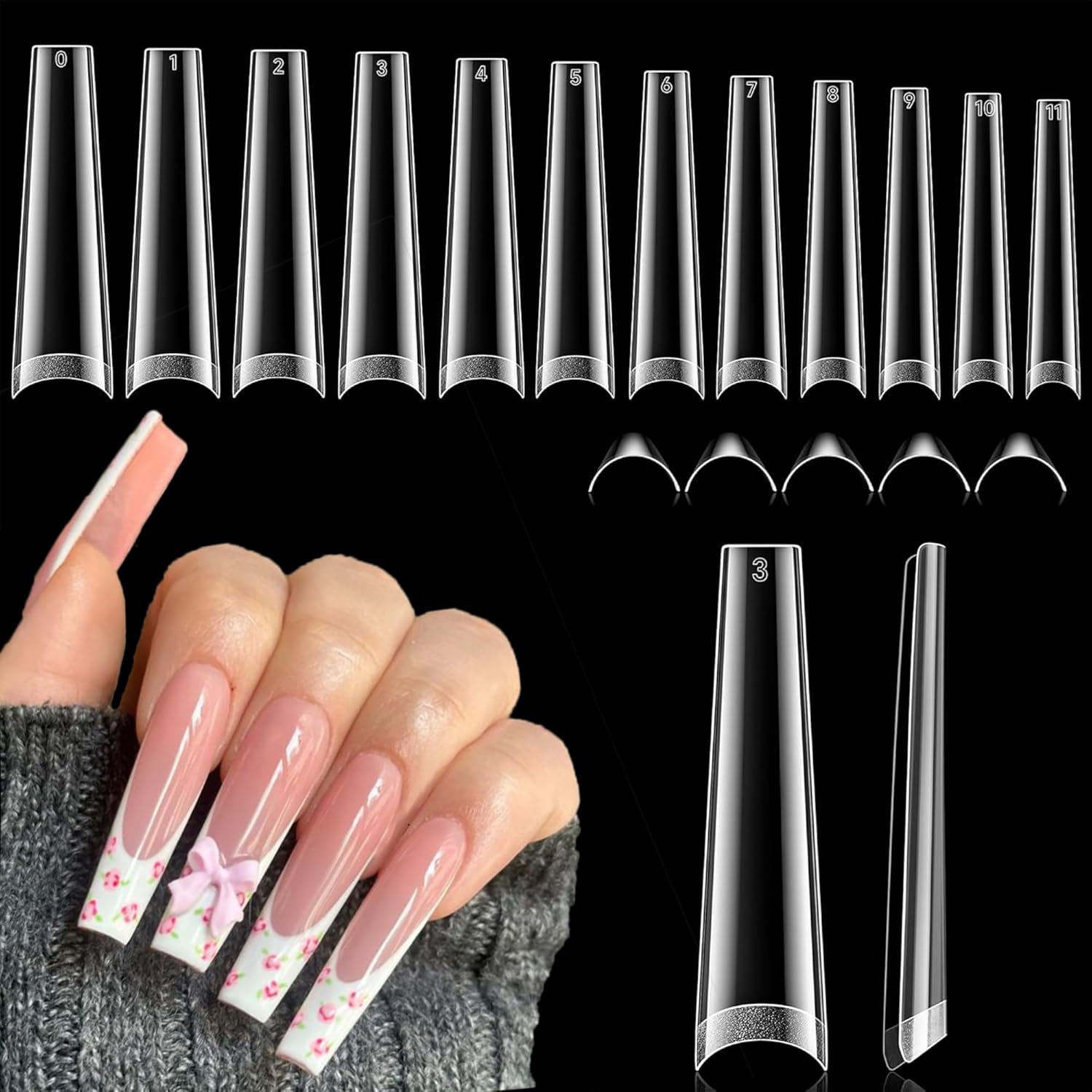 Long Half Cover Coffin Nail Tips – 240 Pcs Clear Gel Acrylic False Nails 12 Sizes