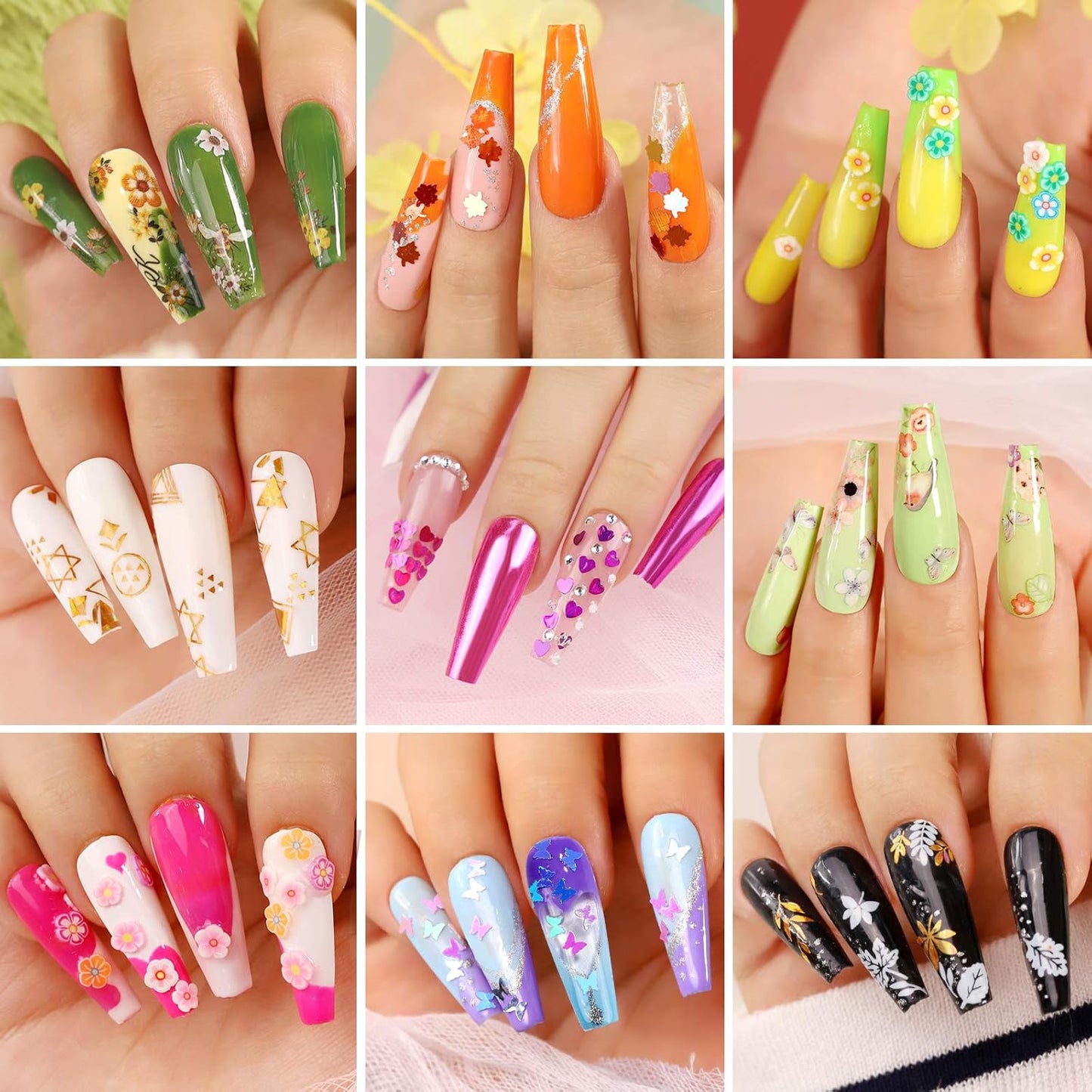 Teenitor 12 Sheets 3D Nail Art Stickers – Self-Adhesive Nail Decorations with 5 Boxes Holographic Glitter Flakes, Butterfly, Heart, Star, Maple Leaf Sequins & Flower Slices