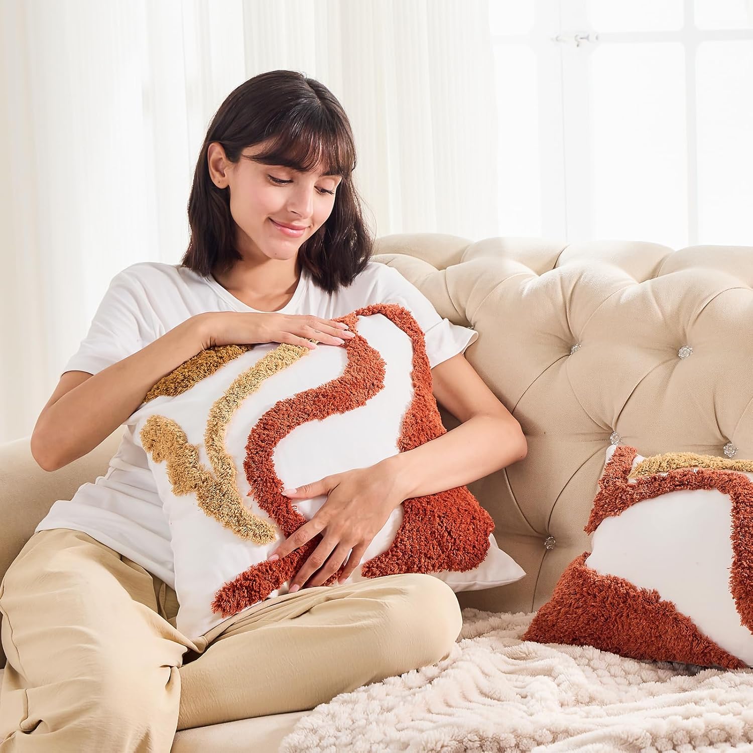 18x18 Tufted Boho Jacquard Pillow Covers – Farmhouse Decorative Throw Pillow