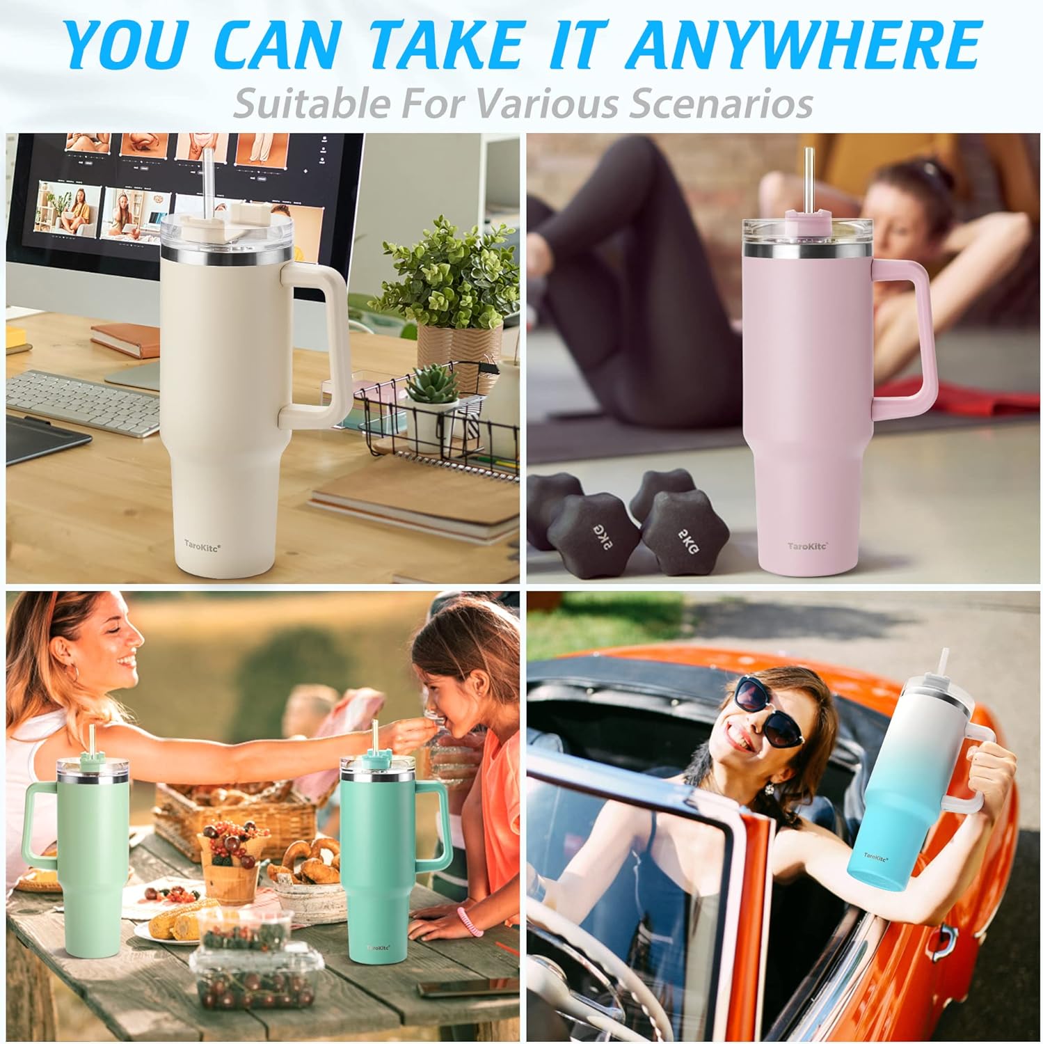 Tumbler with Handle and Straw Pink Insulated Travel Mug Iced Coffee Cup