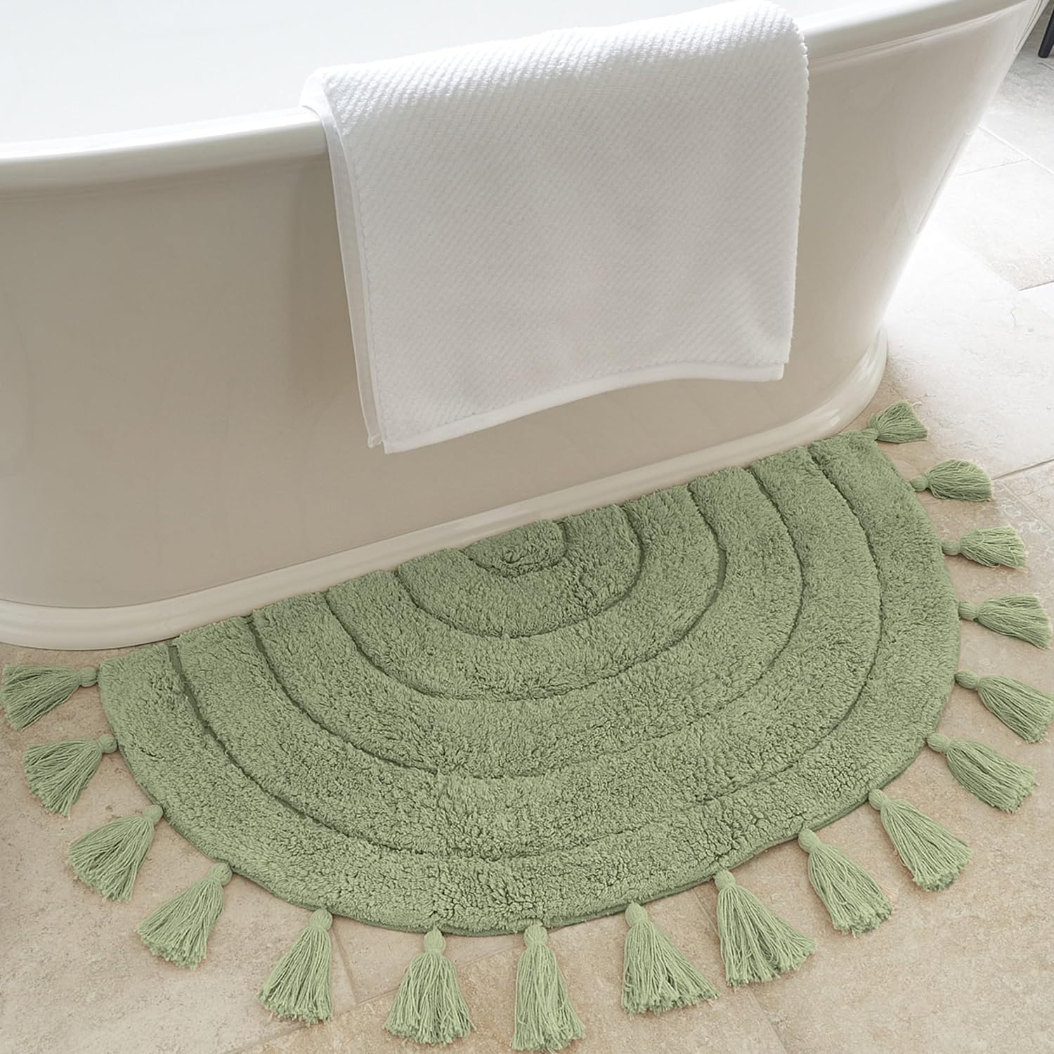 Boho Tassel Bath Rug – Soft Half Circle 100% Cotton Non-Slip Mat