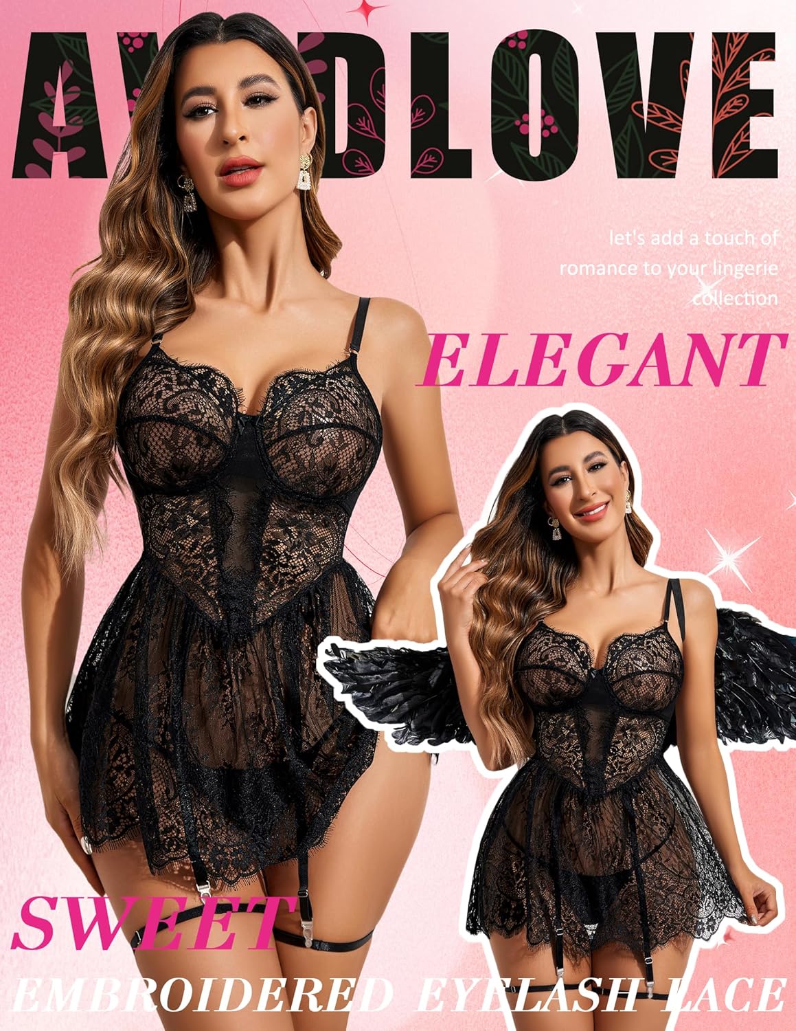 Sexy Eyelash Lace Babydoll Lingerie Set with Garter Belt for Women