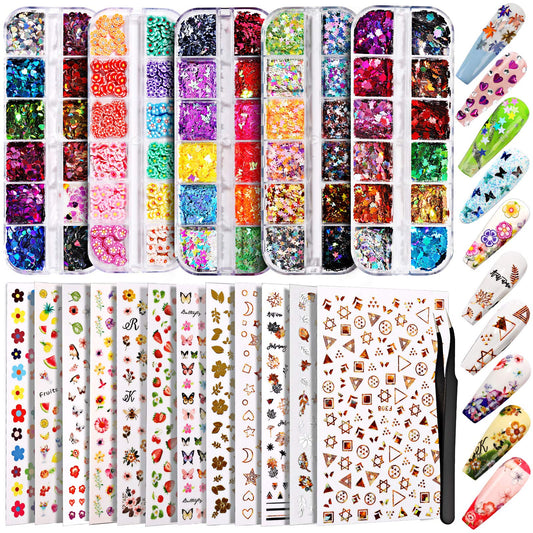 Teenitor 12 Sheets 3D Nail Art Stickers – Self-Adhesive Nail Decorations with 5 Boxes Holographic Glitter Flakes, Butterfly, Heart, Star, Maple Leaf Sequins & Flower Slices