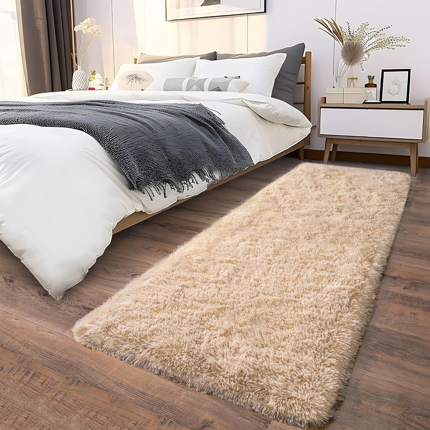 Beige Fluffy Runner Rug – Soft Shaggy Non-Slip Carpet