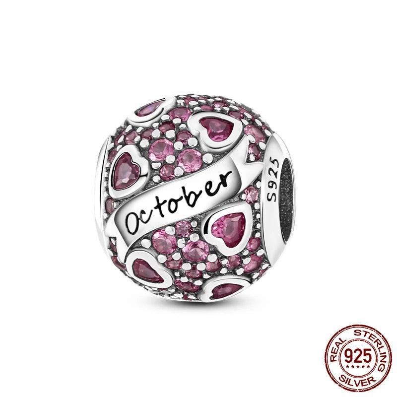 Round Birthstone Charm Bead in Sterling Silver: Fits Pandora Bracelet