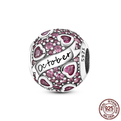 Round Birthstone Charm Bead in Sterling Silver: Fits Pandora Bracelet