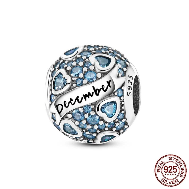 Round Birthstone Charm Bead in Sterling Silver: Fits Pandora Bracelet