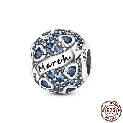 Round Birthstone Charm Bead in Sterling Silver: Fits Pandora Bracelet
