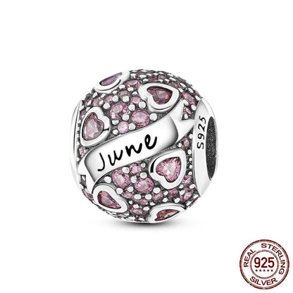 Round Birthstone Charm Bead in Sterling Silver: Fits Pandora Bracelet