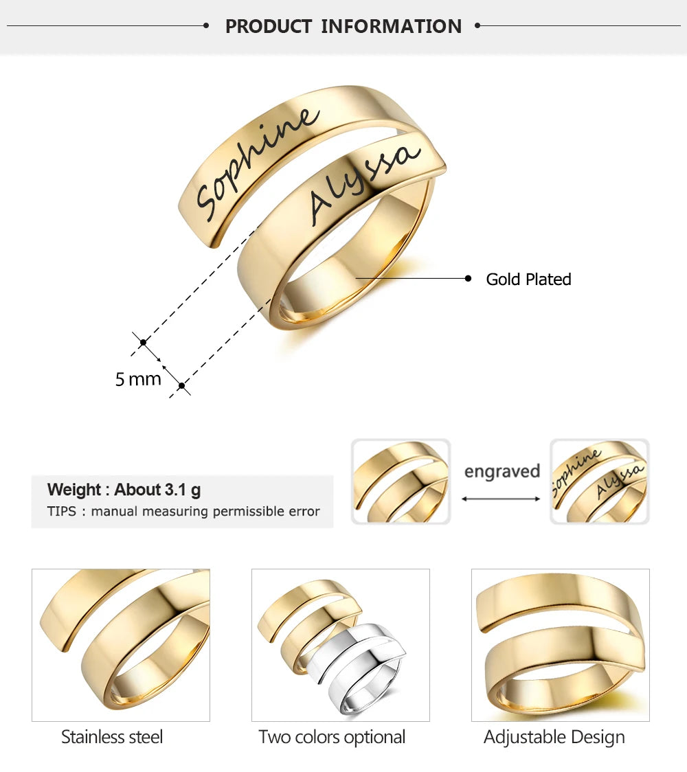 Custom Two Name Ring: Adjustable Band & Unisex