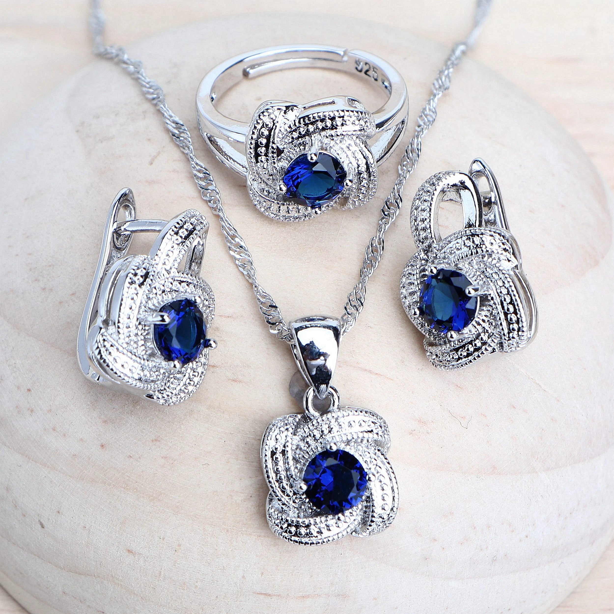 Blue Stone Bridal 4 pc Jewelry set in 925 Sterling Silver | Heart Crafted Gifts