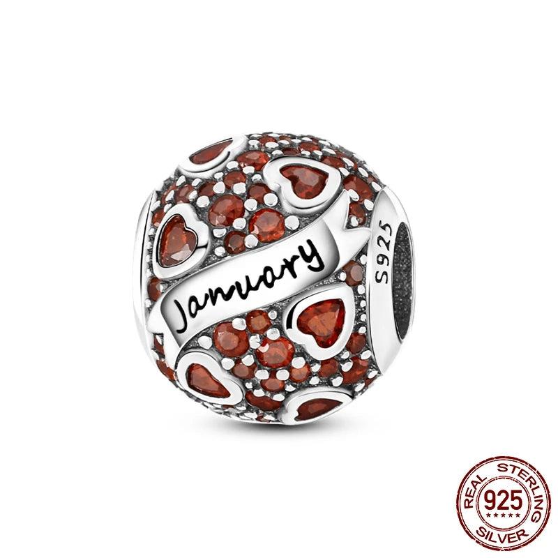 Round Birthstone Charm Bead in Sterling Silver: Fits Pandora Bracelet