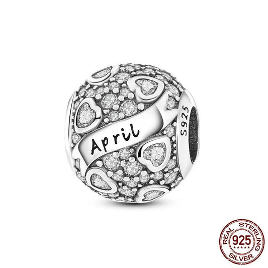 Round Birthstone Charm Bead in Sterling Silver: Fits Pandora Bracelet