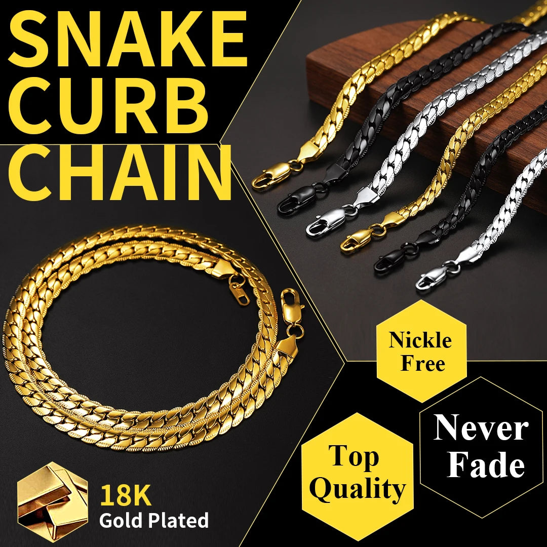 Stainless Steel Flat Chunky Snake Cuban Chain Necklaces in Gold, Black & Silver