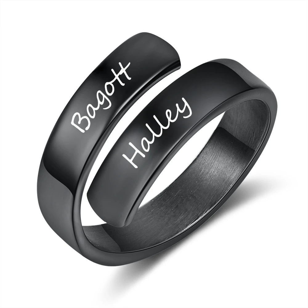 Black Custom Two Name Ring: Adjustable Band & Unisex