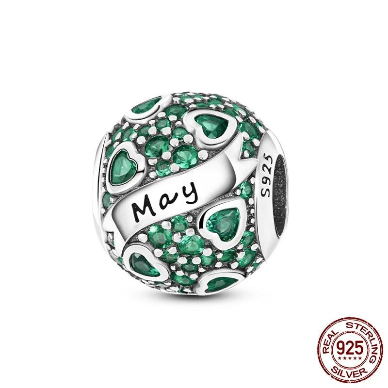 Round Birthstone Charm Bead in Sterling Silver: Fits Pandora Bracelet