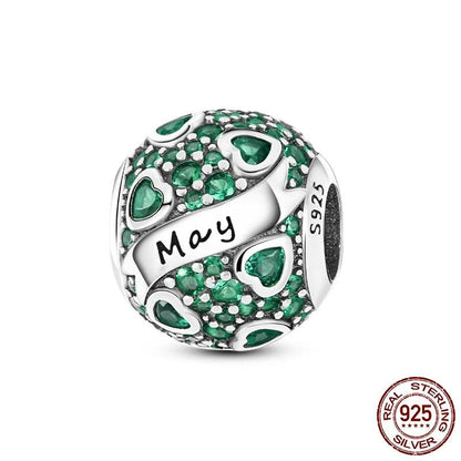 Round Birthstone Charm Bead in Sterling Silver: Fits Pandora Bracelet