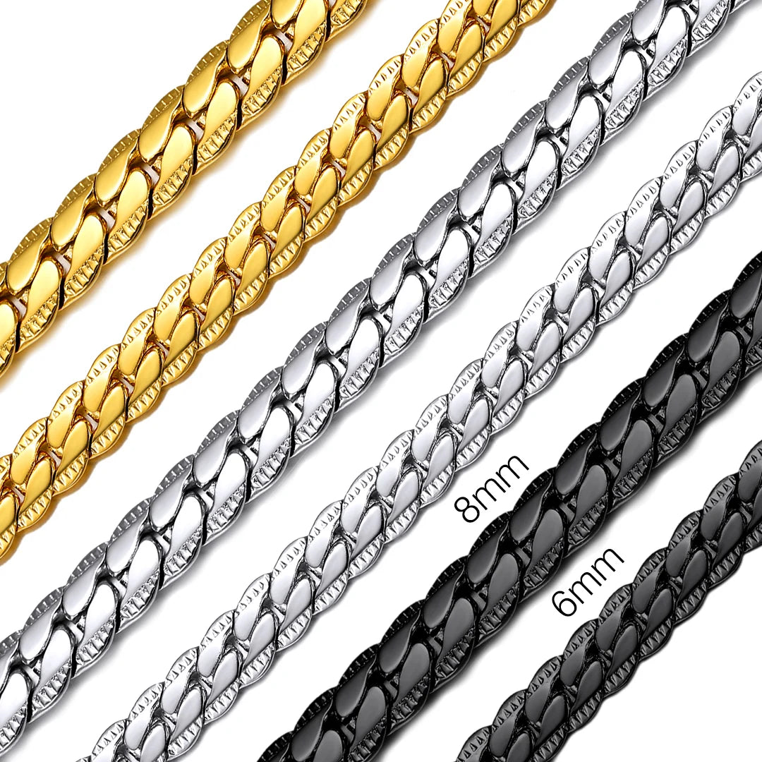 Stainless Steel Flat Chunky Snake Cuban Chain Necklaces in Gold, Black & Silver