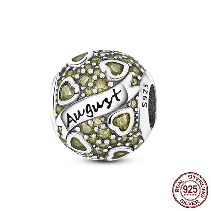 August Birthstone Charms in Sterling Silver: Round Shape Fits Pandora Bracelet
