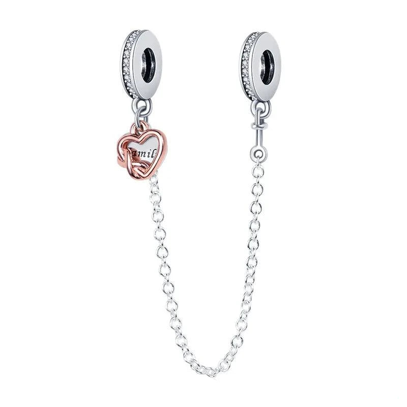 Family Heart Safety Chain Charms for Pandora Bracelet