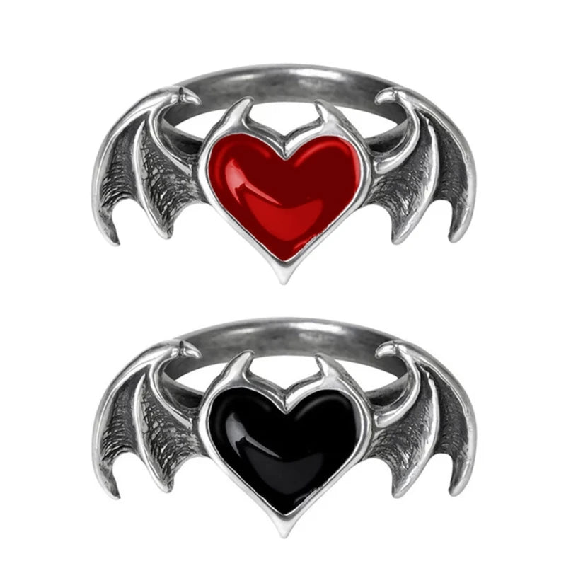 Gothic Heart Ring for Women Hip Hop Devil Wing Rin