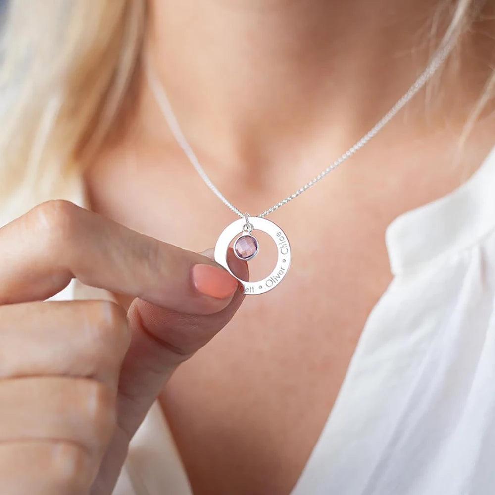 Custom Birthstone Charm Ring Pendant Necklace - Engraved Name, Gift