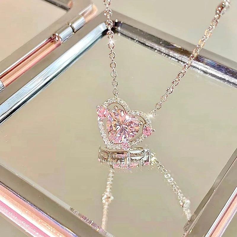 925 Sterling Silver Sparkling Pink Heart Pendant Necklace