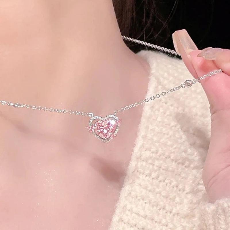 925 Sterling Silver Pink Sparkling Heart Pendant Necklace