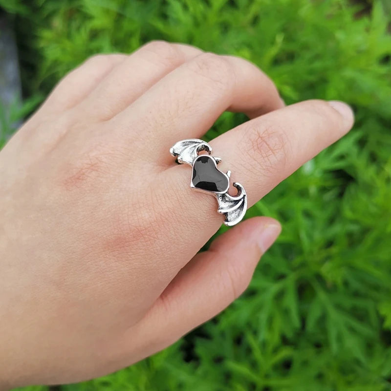 Gothic Heart Ring for Women Hip Hop Devil Wing Rin