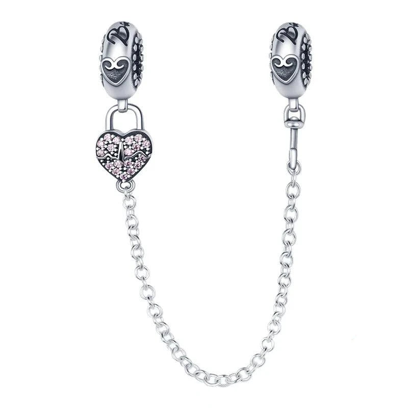 Pink Heart Safety Chain Charms for Pandora Bracelet