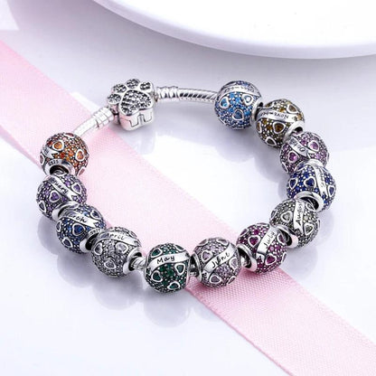 Round Birthstone Charm Bead in Sterling Silver: Fits Pandora Bracelet
