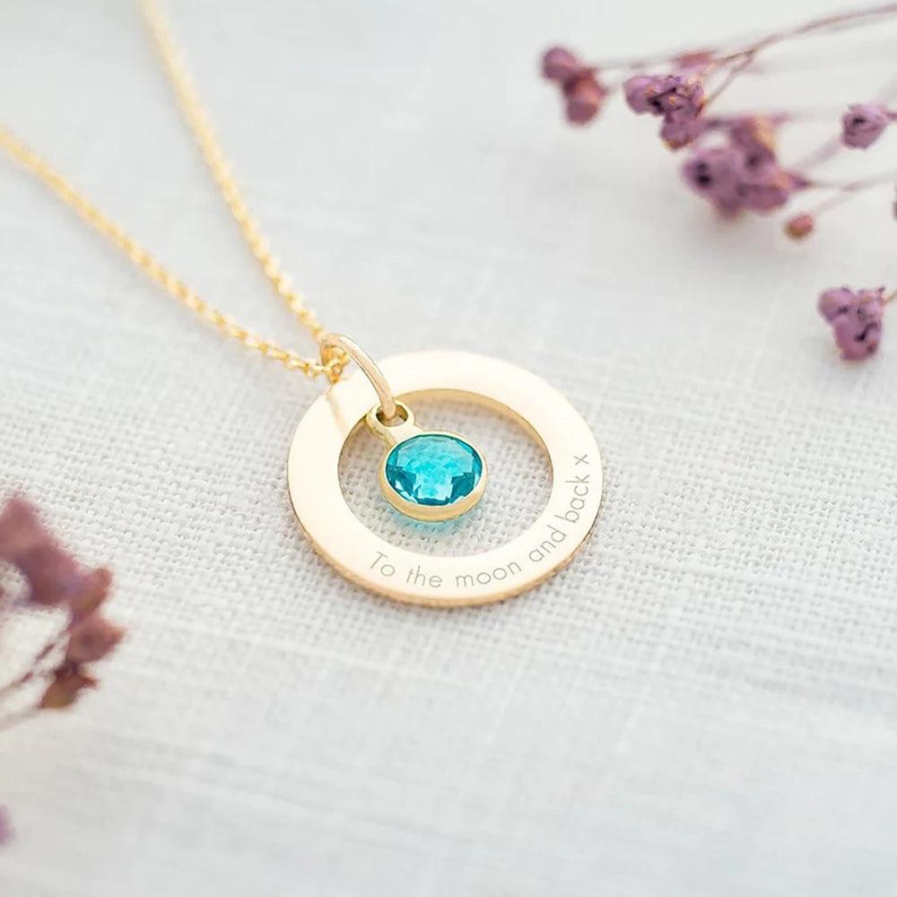 Custom Birthstone Charm Ring Pendant Necklace - Engraved Name, Gift