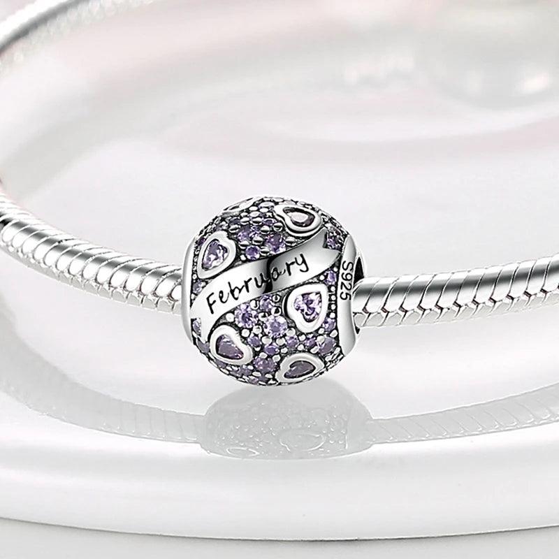 Round Birthstone Charm Bead in Sterling Silver: Fits Pandora Bracelet