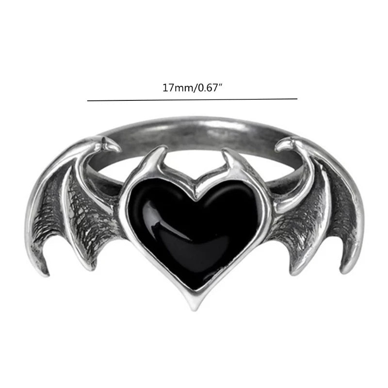 Gothic Heart Ring for Women Hip Hop Devil Wing Rin