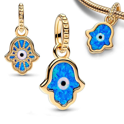 14k Gold Plated Opalescent Blue Hamsa Hand Charms for Pandora Bracelets