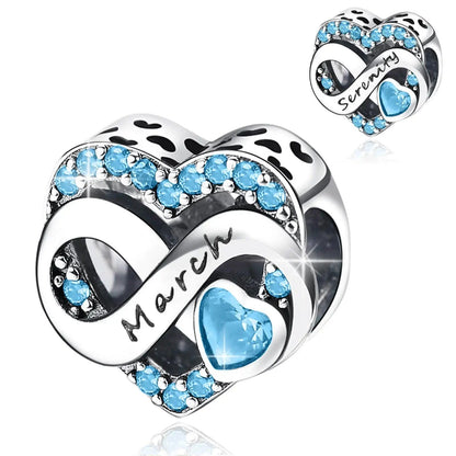925 Sterling Silver March Birthstone Heart Bead Fits Pandora Bracelet DIY