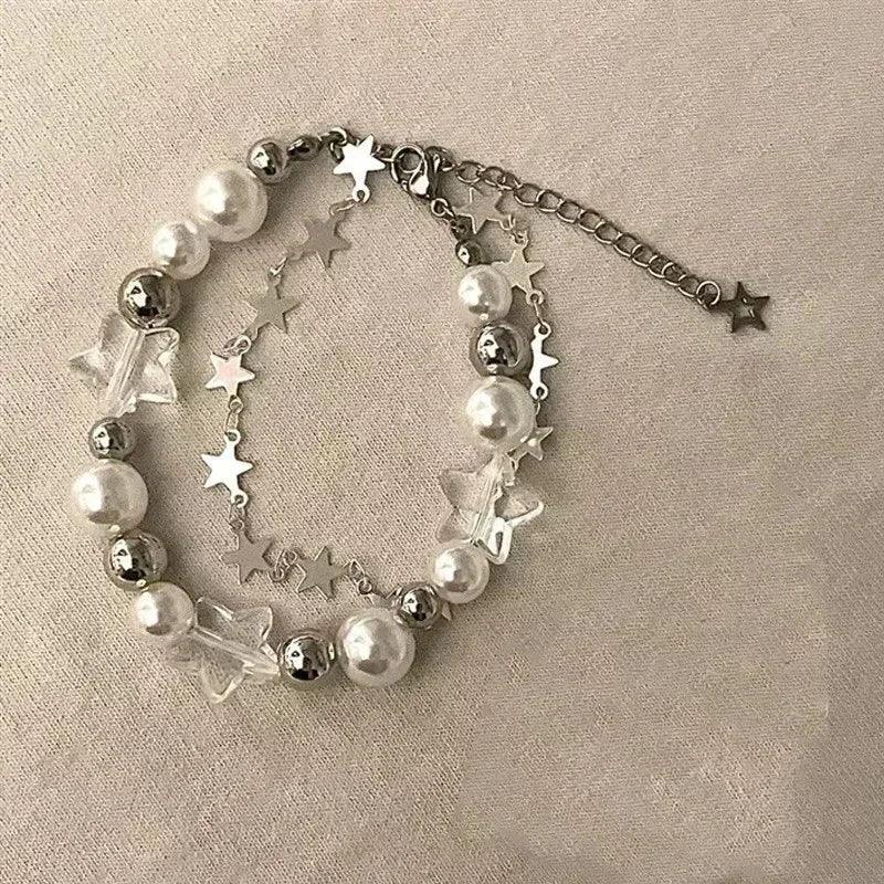 2 Layer Pearl & Silver Heart Bracelet
