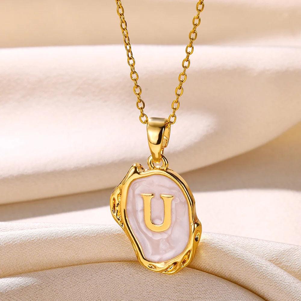 Drip Oil Initial Letter U Pendant Necklace: Gold Plated Jewelry