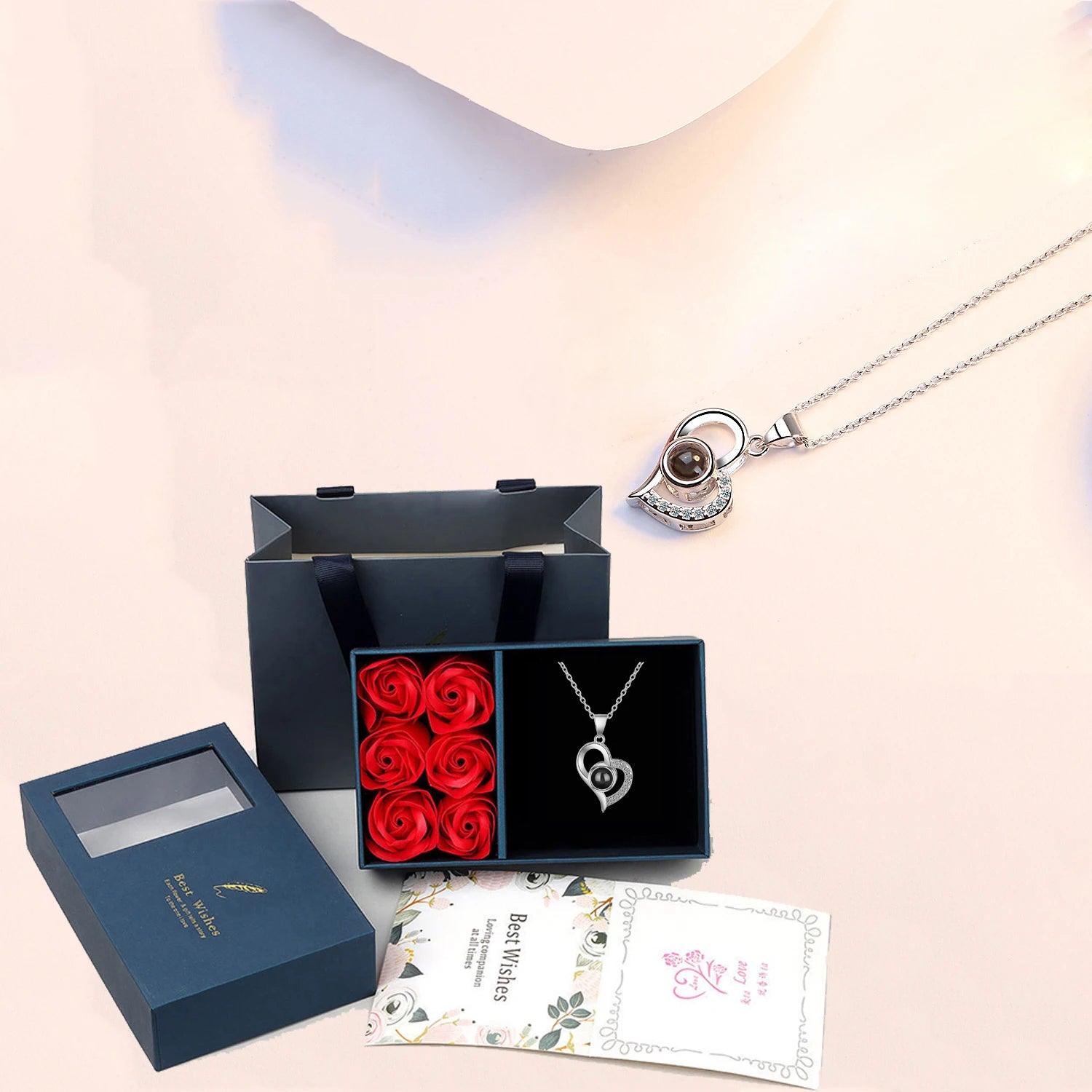 Enchanting Elegance: Necklace Gift Set in a luxury gift box along with Roses - Heart Crafted Gifts