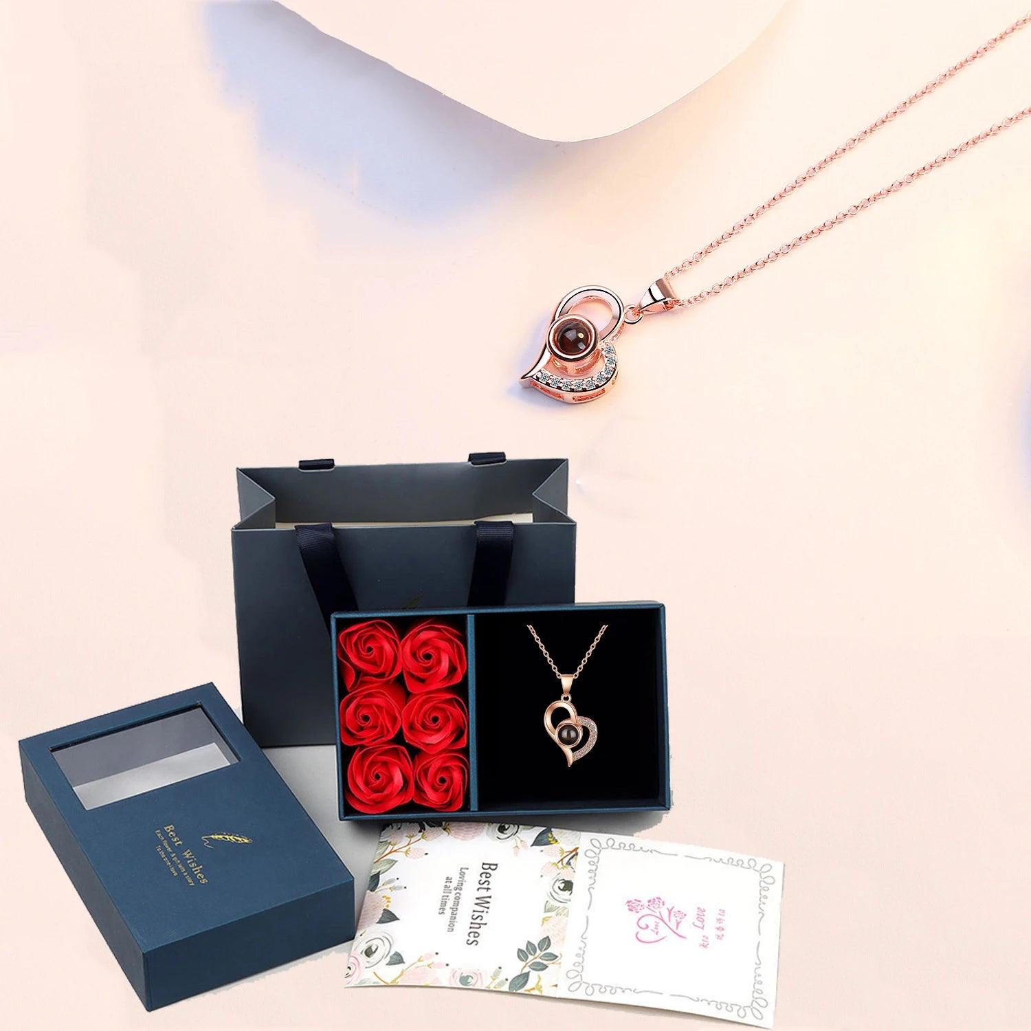 Enchanting Elegance: Necklace Gift Set in a luxury gift box along with Roses - Heart Crafted Gifts