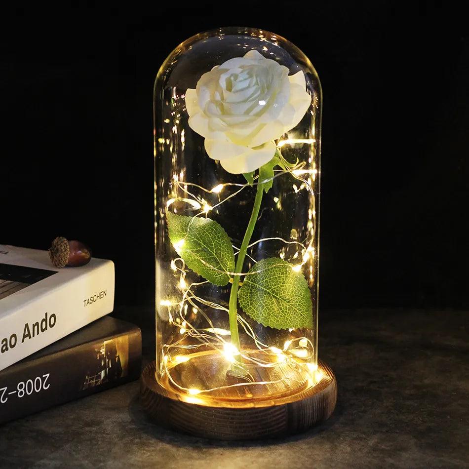 Eternal Beauty: Galaxy Rose Flowers in Glass Dome with Wooden Base - Heart Crafted Gifts
