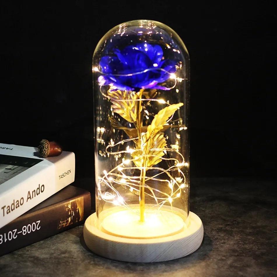 Eternal Beauty: Galaxy Rose Flowers in Glass Dome with Wooden Base - Heart Crafted Gifts