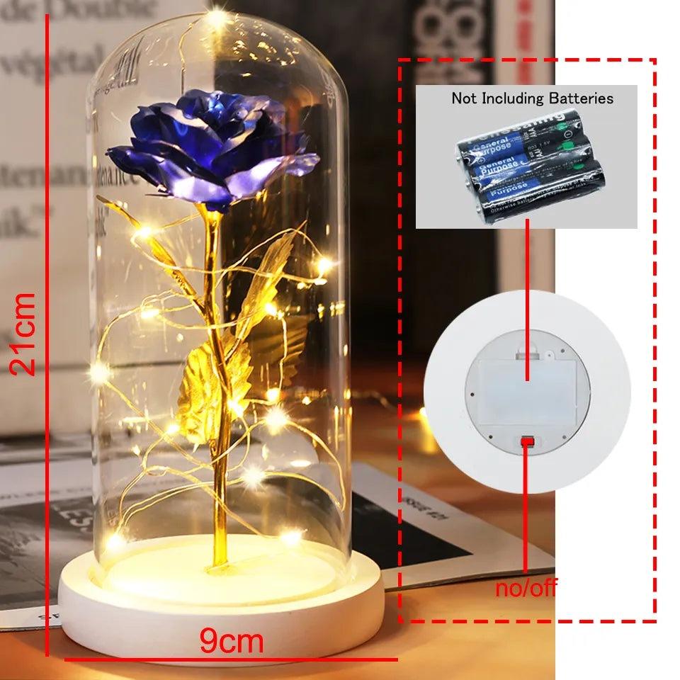 Eternal Beauty: Galaxy Rose Flowers in Glass Dome with Wooden Base - Heart Crafted Gifts