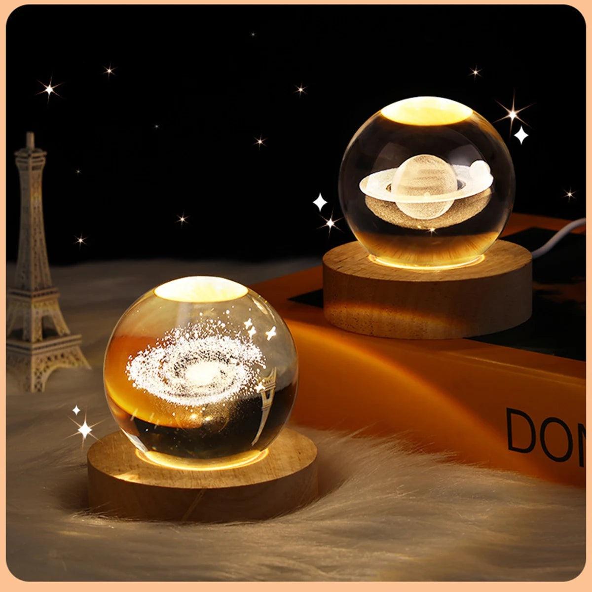 Galaxy Glass Crystal Ball Night Light with wood base: Illuminate Love - Heart Crafted Gifts