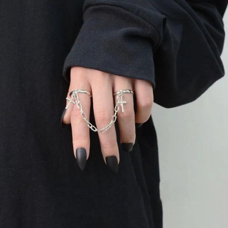 Two Finger Ring with punk chain in Sterling Silver - Heart Crafted Gifts